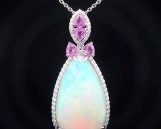 41.84 Carat Natural Opal & Pink Sapphire Diamond Pendant Necklace in Platinum