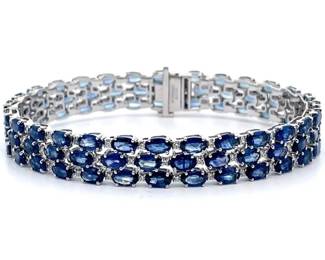 22.19 Carat Natural Blue Sapphire & 0.91 Carat Diamond Bracelet in 14K White Gold