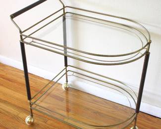 Mid Century Modern Two-Tier Brass, Glass and Rosewood Rolling Cart
