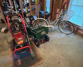 Pressure washer, spreader and Bike , basement location 