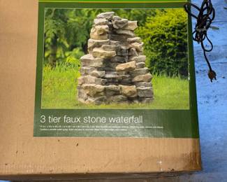 Essential Garden 3-tier faux stone waterfall fountain, new in its original cardboard packaging