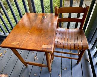 Wooden Slat Chair and Attached Table