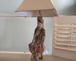 Vintage Chinese Carved Wood Guanyin Figural Table Lamp