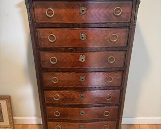 Marble Topped 7 Drawer Marquetry Semainier  (16"D x 28"W x 54"H)