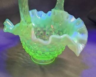 Fenton Vaseline Hobnail Basket 
