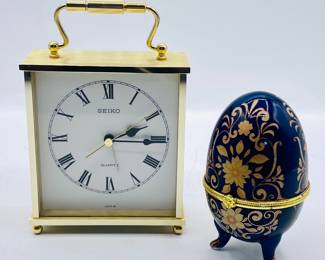 Seiko Quartz Clock & Faberge' Eggs "VINTAGE Footed Procelein Egg Trinket Box "