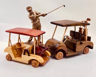 Vintage Wooden Figurine Golf Cart with Bags , Trophy Golfer Hitting a golf ball