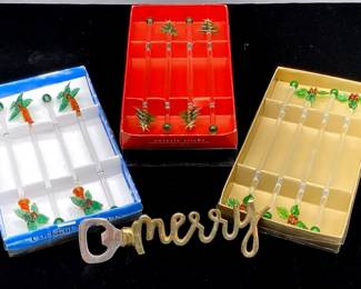 Vintage Pier 1 Imports Glass Holiday Swizzle Sticks  Merry Brass Bottle Opener Lot