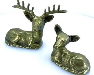 Vintage Brass Reclining Buck  Doe Deer Figurines  2pc