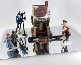 Dept 56 Village Accessories  Lamplighter Set, Childe Pond  Skaters, and Village Mylar Skating Pond