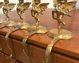 Set of 4 Heavy Solid Brass Cherub Angel Stocking Holders