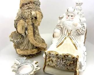 Ceramic Santa Sleigh  Textured Winter Tree Tea Light Statues  3pc