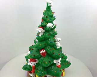 Vintage Ceramic Christmas Tree with Mice  Presents  Lighted
