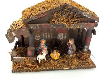 Vintage Made in Italy Rustic Wooden Nativity Stable  Holy Family