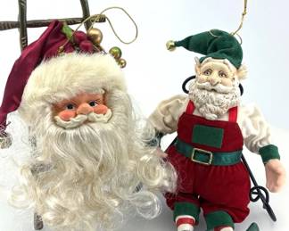 Vintage Velvet Poseable Santa  Elf Holiday Sitter Ornaments  2pc
