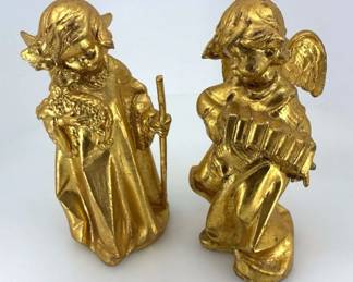 Vintage Fontanini Depose Italy Gold Resin Musical Angel  Shepherd Figurine  2pc