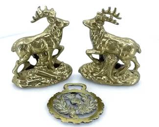 Vintage Solid Brass Deer Figurines Pair  Scottish Thistle Bottle Opener Medallion  3pc
