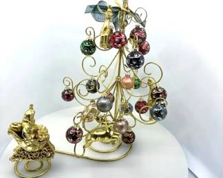 GoldTone Christmas Ornament Tree with Mini Baubles, Reindeer  Santa Sleigh