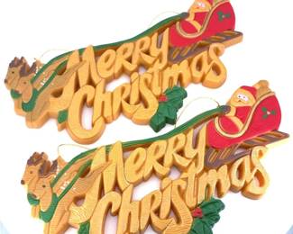 Vintage MCM 3D Plastic Merry Christmas Santa Sleigh Hanging Signs  Pair