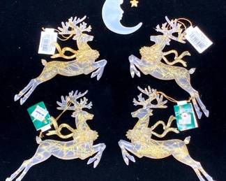 Vintage Kurt Adler Champagne Glitter Acrylic Reindeer  Moon Ornaments  5pc
