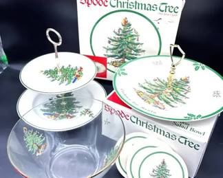  04 Spode Christmas Tree Serving Lot with Tiered Tray, Glass Bowl  Plates