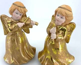 Vintage 1980s Porcelain Bisque Gold Gilt Musical Angel Figurines  Pair