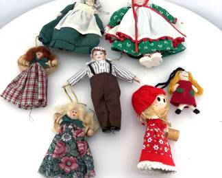 Vintage Handcrafted Cloth Christmas Doll Ornaments  7 Pc Set