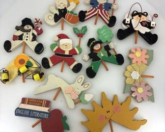 Vintage Wooden Seasonal  Holiday Character Garden StakesPlant Pick Lot  13pc