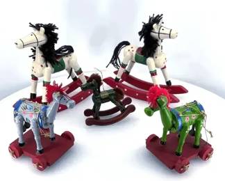 Vintage HandPainted Wooden Rocking Horse  Pull Toy Holiday Lot  5pc