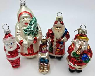 West Germany Blown Mercury Glass Santas  Ingle Glass Ornaments 5 Pc