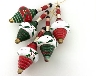 Set of 5 Vintage HandPainted Wooden Toy Soldier Spinning Top Christmas Ornaments