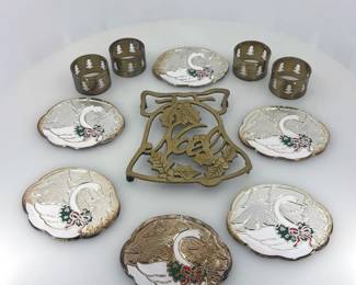 Vintage Silverplate Swan Coaster, Brass Bell Trivet  Napkin Rings 11pc