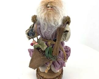 Rustic Woodland Santa Figurine with Broom on Wood Slice Base