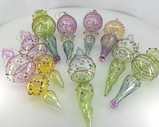 Colorful HandBlown Glass Christmas Ornaments  Teardrop  Finial Designs 9pc