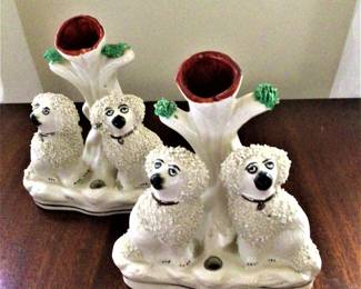 Antique Staffordshire Confetti Poodle Spill Vases