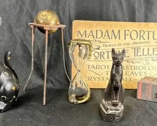 Brass Orb, Hour Glass, Egyptian Cat And More Halloween Decor