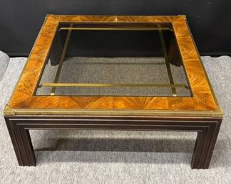 Lane Hollywood Regency Style Wood Square Coffee Table With Burlwood Veneer And Brass Trim