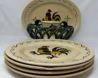 Poppytail Rooster Plates, Platter, Cup Unmarked Bowl