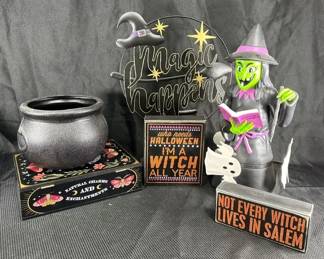 Animated Witch, Cauldron, Metal And Wood Signs And Storage Book