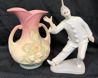 vintage Bing Grndahl Pierrot porcelain figurine vintage Hull Pottery doublehandled vase