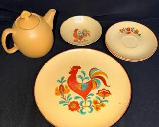 vintage midcentury ceramic pieces featuring the Taylor Smith Taylor Reveille Rooster pattern