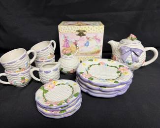 vintage ceramic tea set featuring a basketweave and floral motif with pastel purple bows