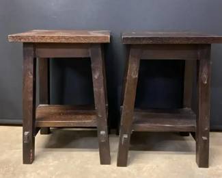 Pair Of Dark Stained Wood Accent TablesStools