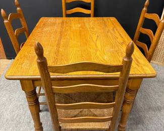 Vintage Solid Wood Table And Four Chairs With Rush Seats