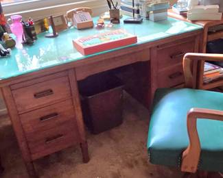 wooden desk, on smaller side