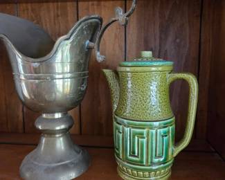 Green retro coffee pot with 4 cups, brass decanter