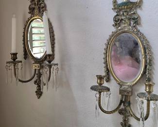 Brass and prism mirror wall chandeliers, pair