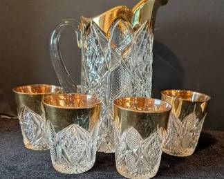 Vintage Victorian Elegant EAPG Gold Crested Pitcher Four Glasses