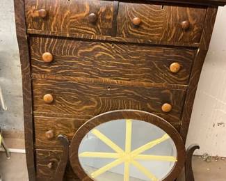 Tiger Oak Highboy Dresser With Oval Mirror