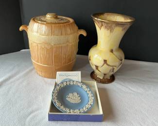 Frankkoma Barrel Cookie Jar, Wedgewood Pin Dish German Vase